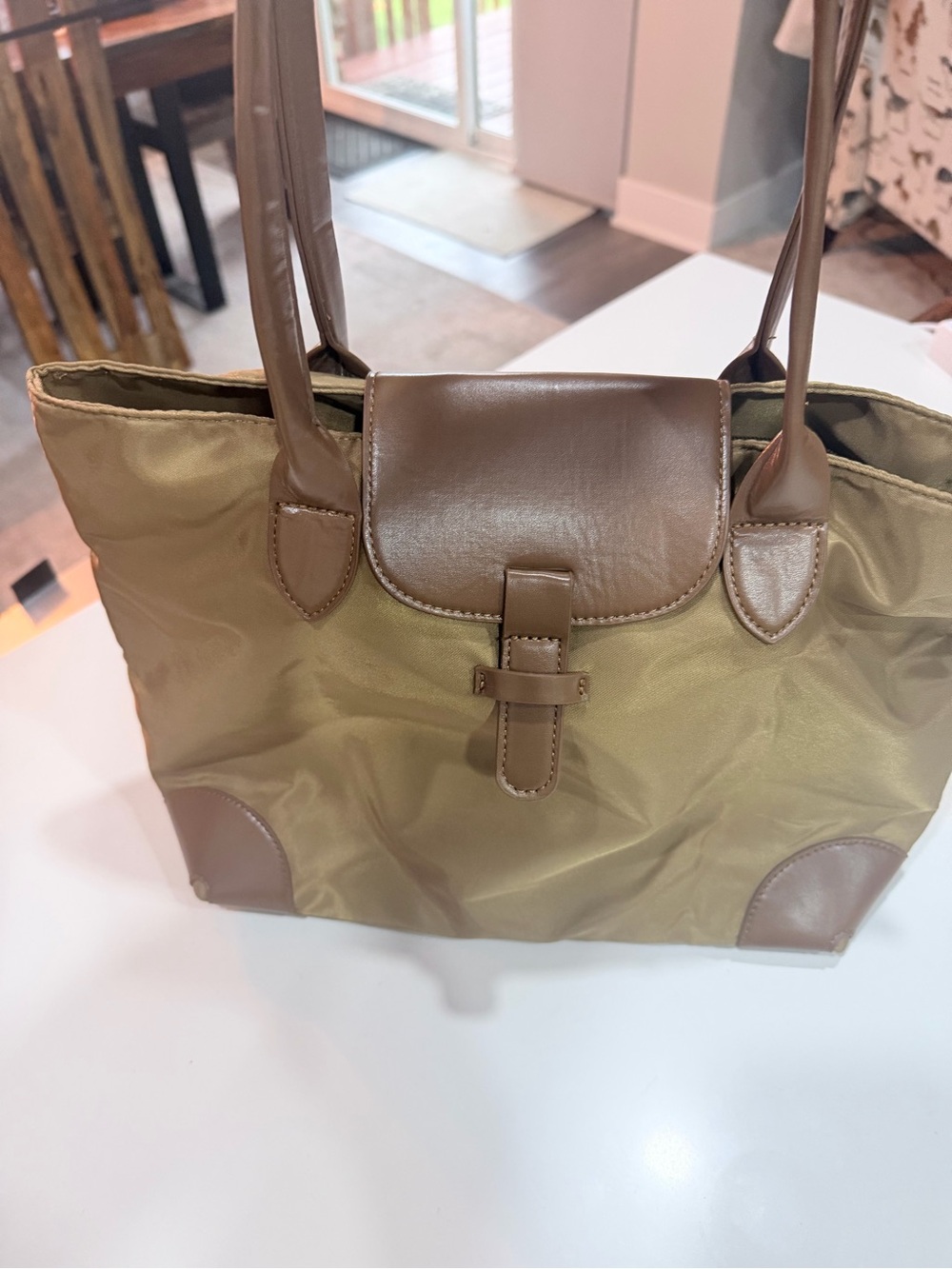 Classic Tan Nylon Tote Bag with Brown Trim - Women's Shoulder Bag